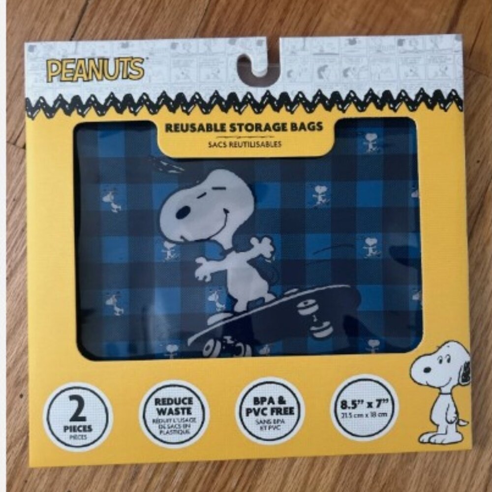 Peanuts Snoopy Reusable Food Storage Bags - Set of 2 (8.5 X 7) BPA & PVC FREE